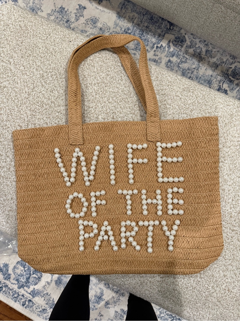 UNTAMED PETALS BY AMANDA JUDGE Tan Straw Tote with Pearl Lettering